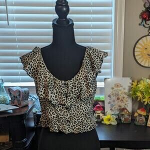 Zara Women's Leopard Print Ruffle Hem Button Down Sleeveless Top Sz Medium